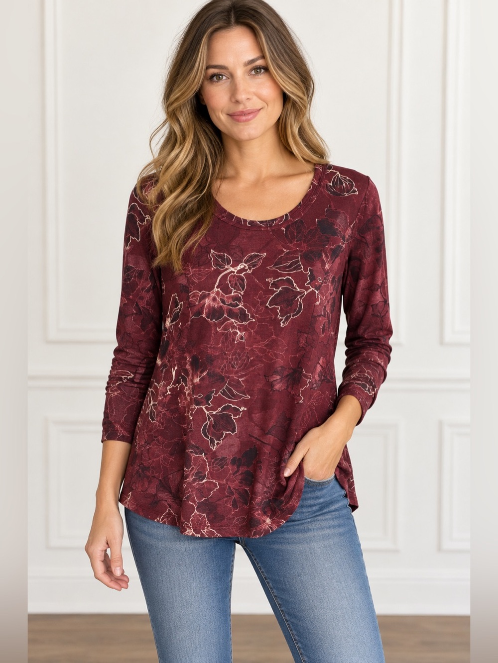 Susan Graver Weekend Printed Cotton Modal Tunic Top XS Wine Floral Pullover Boho